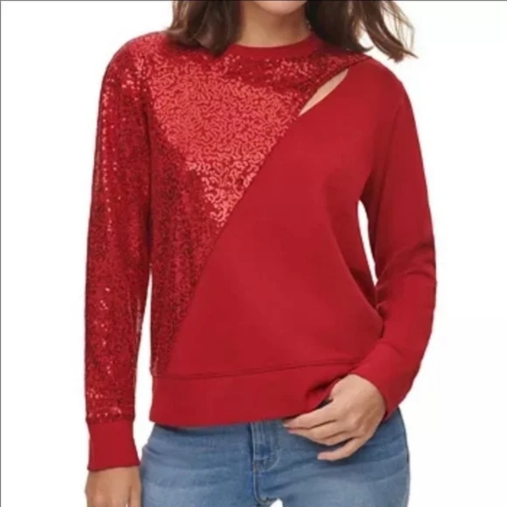 DKNY Red Sequin Cutout Pullover Sz M Christmas Holyday